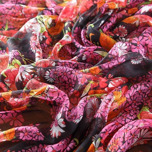 Шифон натуральный К02-425 черный принтованный