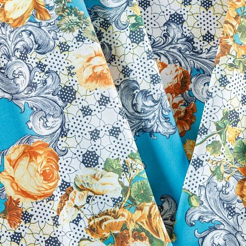 Креп-шифон К07-439 голубой принтованный