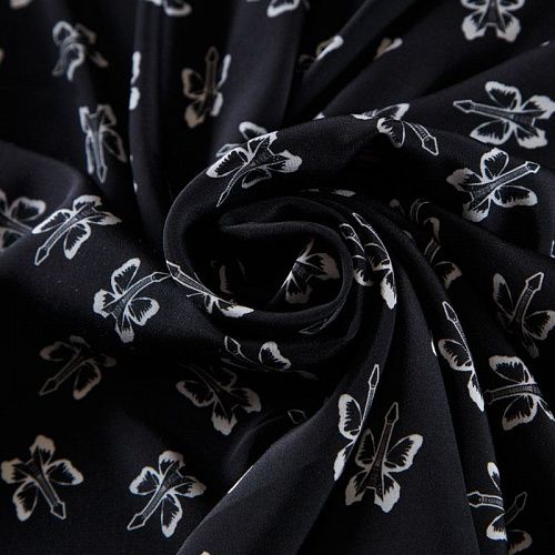 Крепдешин шелковый 028-12507 черный принтованный