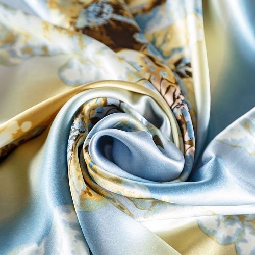 Шелк натуральный К30-242 бежево-голубой принтованный