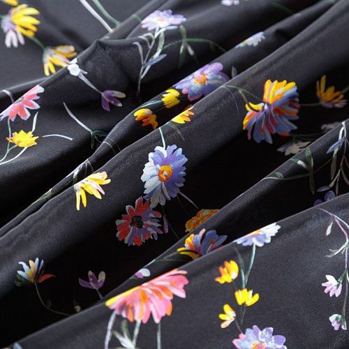 Крепдешин натуральный К24-042 черный принтованный