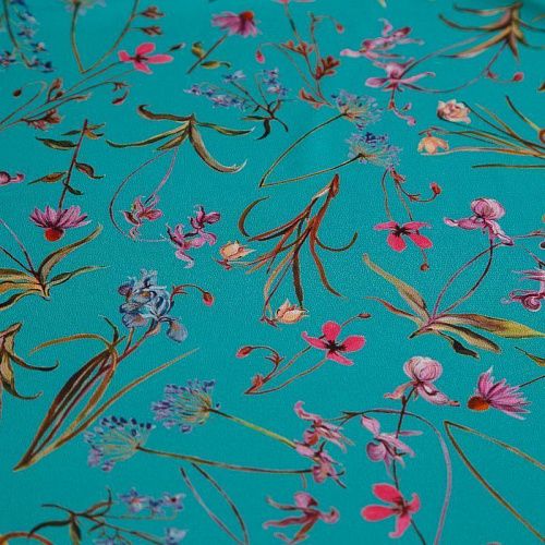 Креп-шифон шелковый 027-19150 бирюзовый принтованный