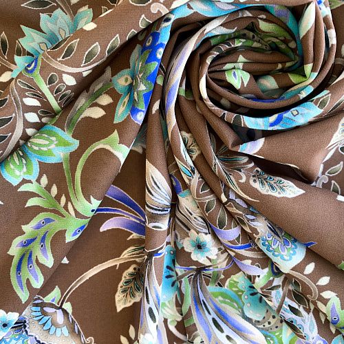 Креп-шифон натуральный К32-229 шоколадно-бирюзовый принтованный