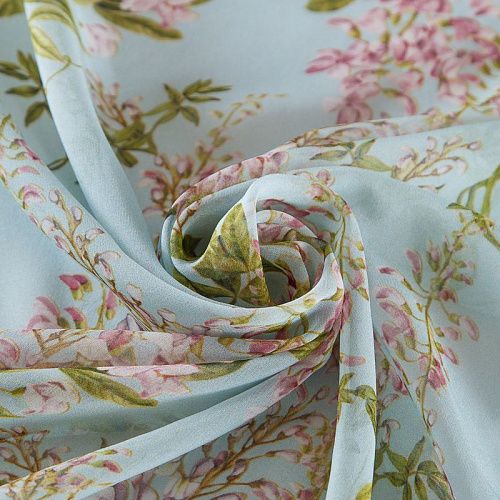 Шифон шелковый 068-19105 разбеленный голубой принтованный